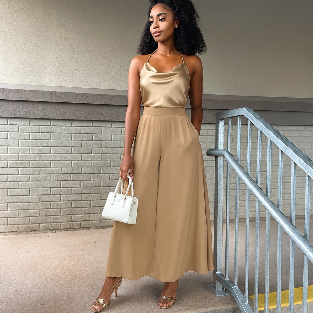 Tan Flowy Maxi Skirt – XXL, Elastic Waist, Pleated Hem, Solid Color